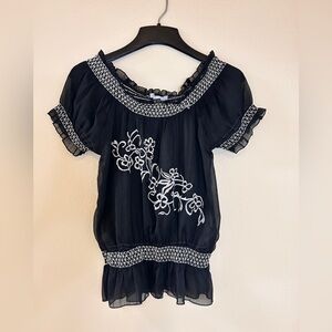 Charlotte Russe Women's Size M Black Sheer Top with White Floral Embroidery